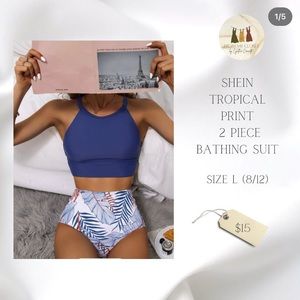 🍂PRE-LOVED SHEIN Tropical Print Tankini Set Halter 4-Way Bathing Suit🍂✨